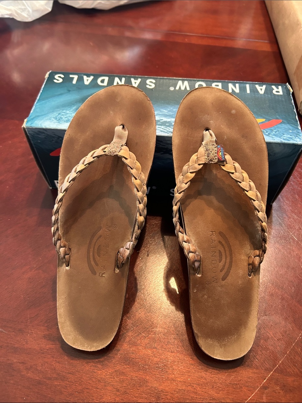 Rainbow Braided Leather Sandals in Brown